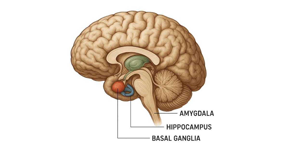 Diagram of the human brain highlighting the amygdala, hippocampus, and basal ganglia, brain regions associated with emotions and depression.