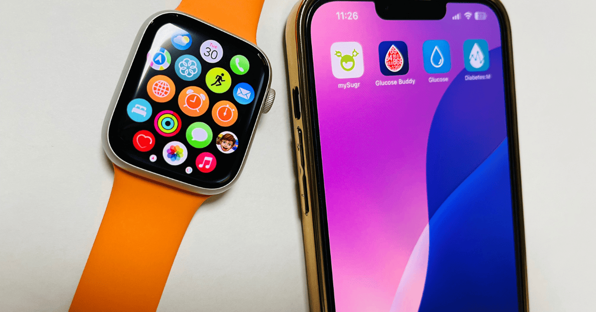 Smartwatch and smartphone displaying an app for diabetes to track blood sugar and health data.